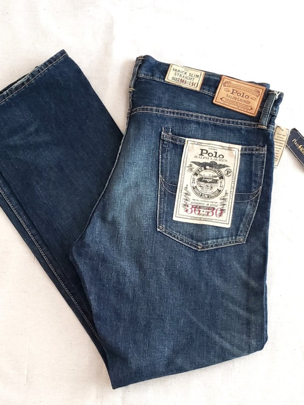 Y2K NWT Polo Ralph Lauren Varick Slim Straight Men Jeans 36x30 Blue Denim Cotton
